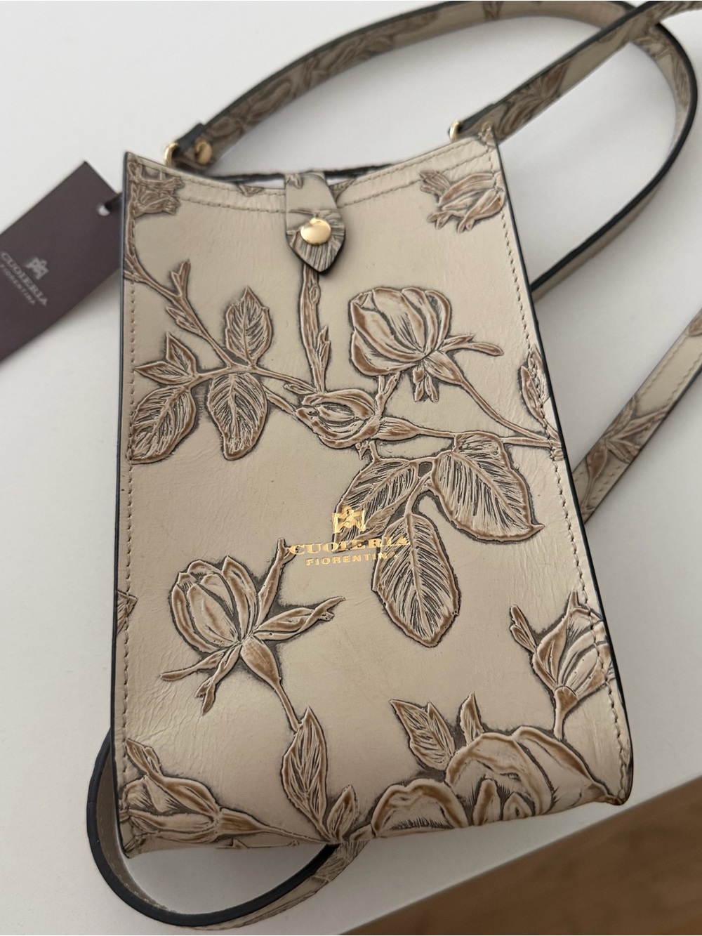 Cuoieria Florentina Floral Embossed Cream Crossbody Phone Bag Leather